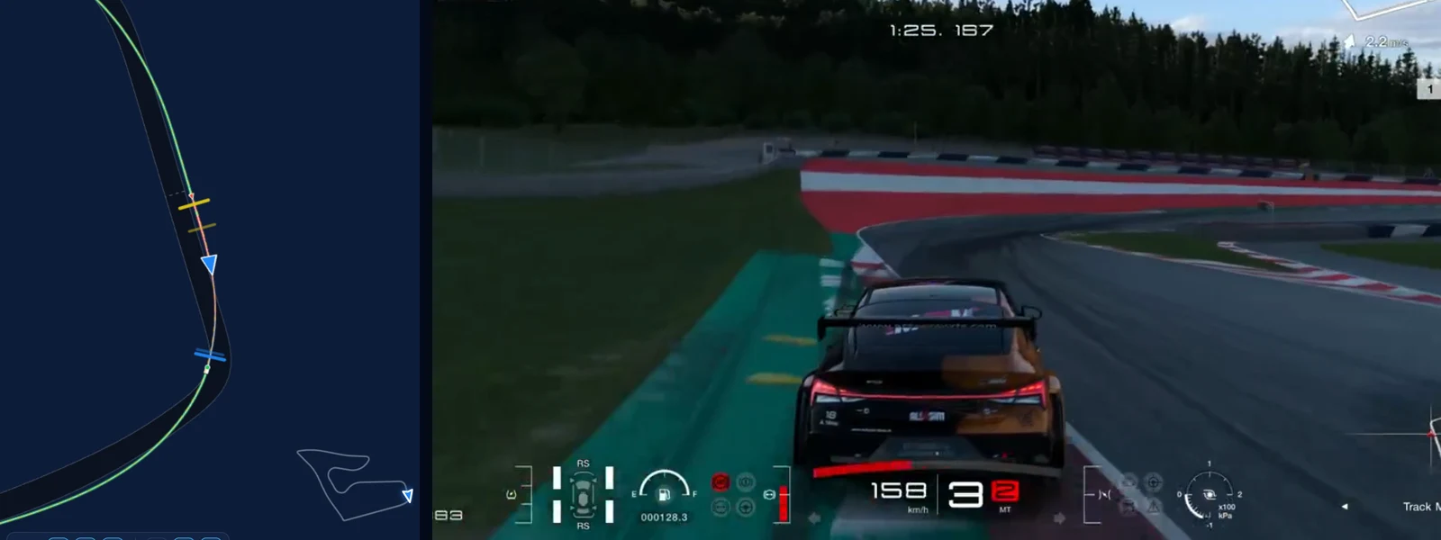 GT7 Red Bull Ring final corner in Traces: the reference ELANTRA N TC braking into the last right-hander beside our line