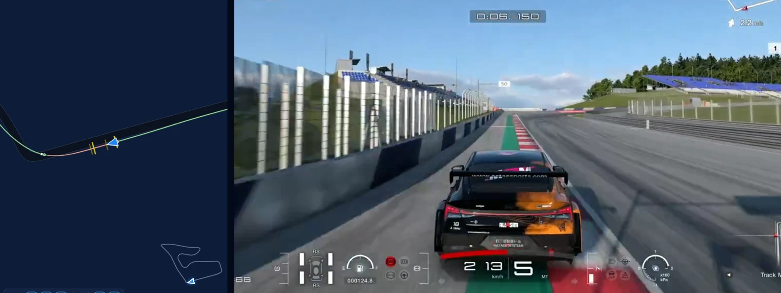 GT7 Red Bull Ring Turn 1 in Traces: the reference ELANTRA N TC on the brakes from 213 km/h beside our braking point on the map