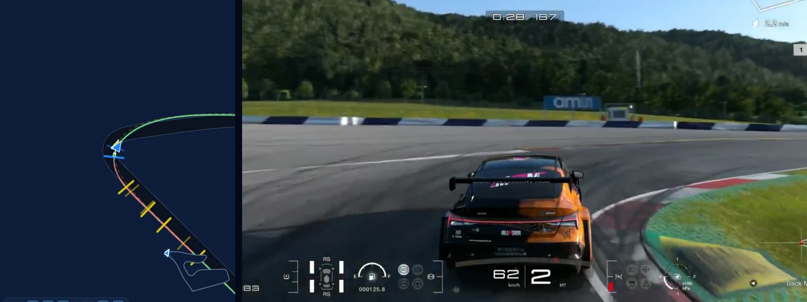GT7 Red Bull Ring Remus apex in Traces: our line 2 m from the reference's beside its replay at 62 km/h