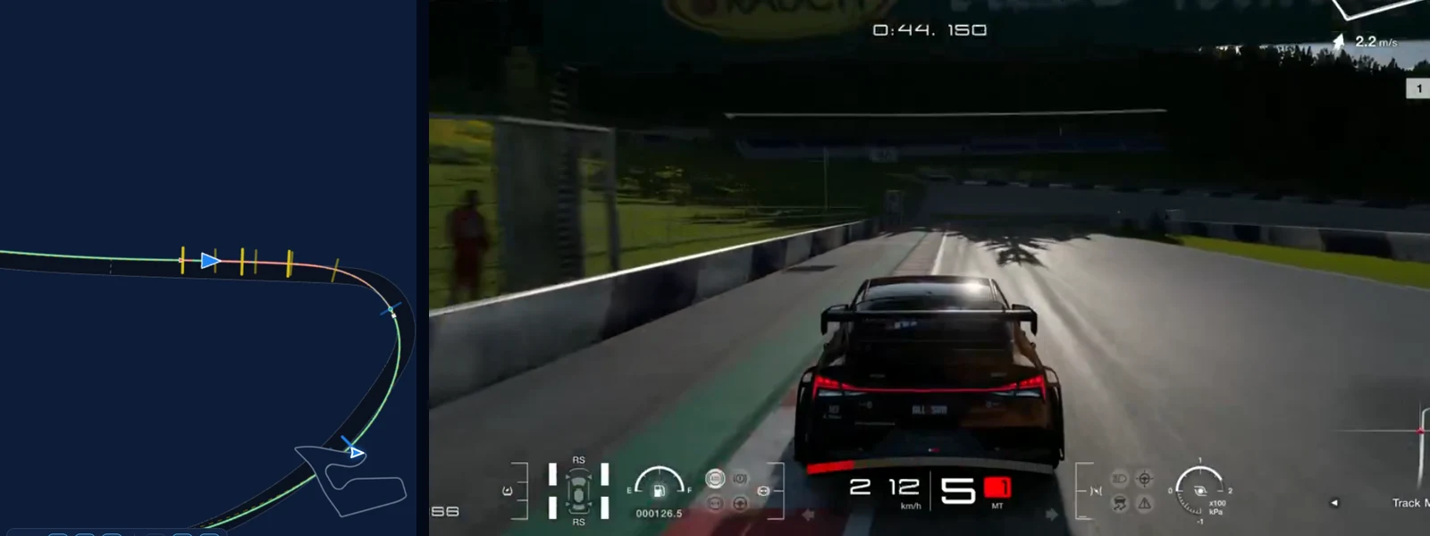 GT7 Red Bull Ring Turn 4 in Traces: the reference ELANTRA N TC braking at 212 km/h in fifth beside our braking point on the map