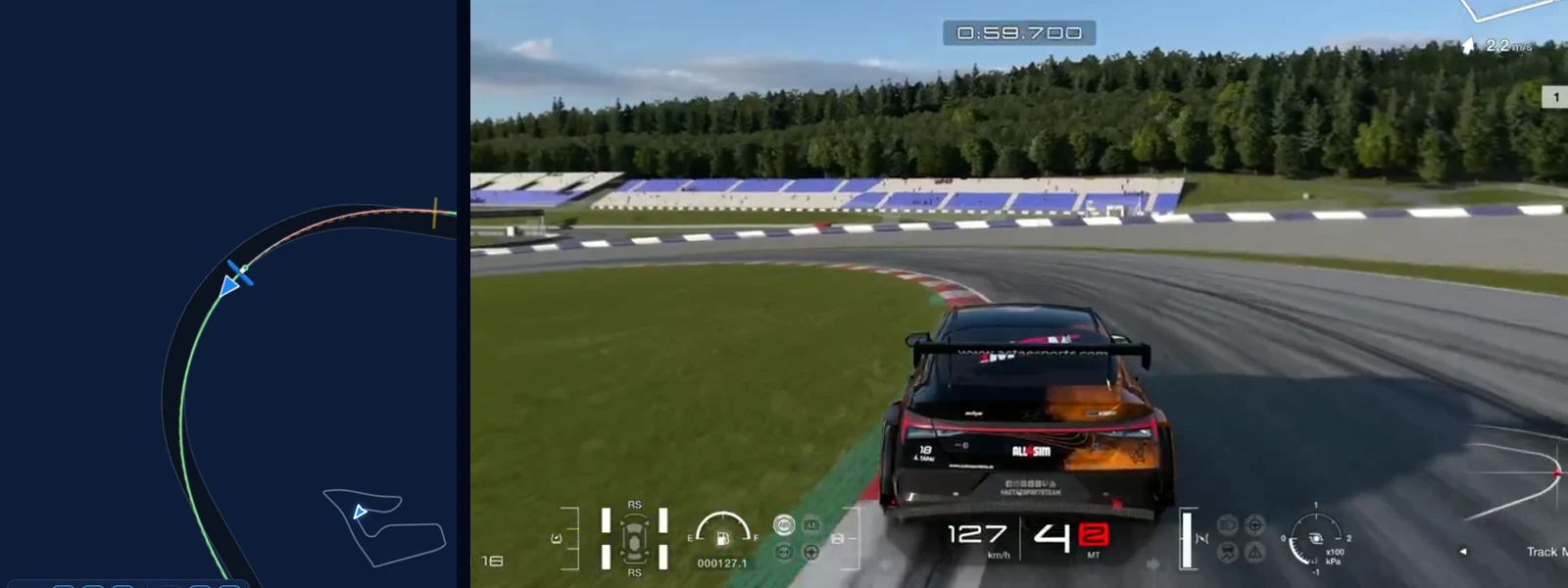 GT7 Red Bull Ring first left-hander after Turn 4 in Traces: both lines together beside the reference ELANTRA N TC at 127 km/h