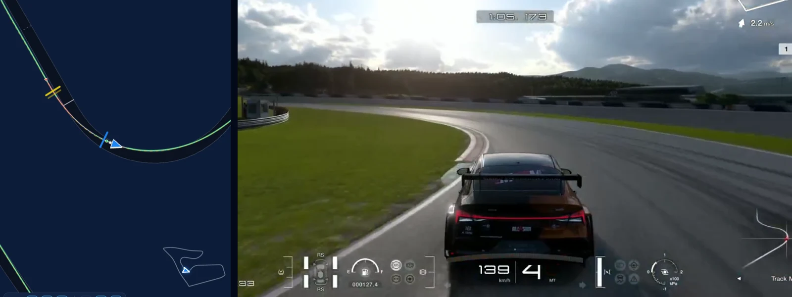 GT7 Red Bull Ring second left-hander in Traces: our line beside the reference ELANTRA N TC at 139 km/h
