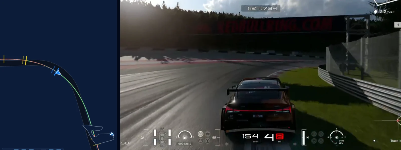 GT7 Red Bull Ring second-to-last corner in Traces: the right-hander at 155 km/h, our line on the reference's