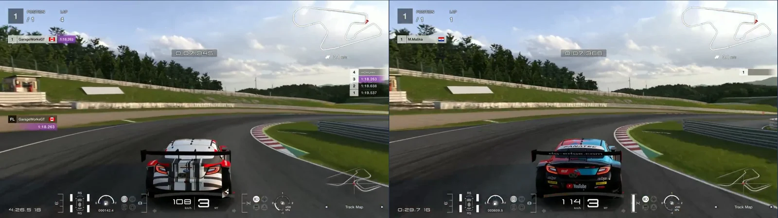 GT7 replays side by side, chase camera, SUGO turn 1 at 360 m