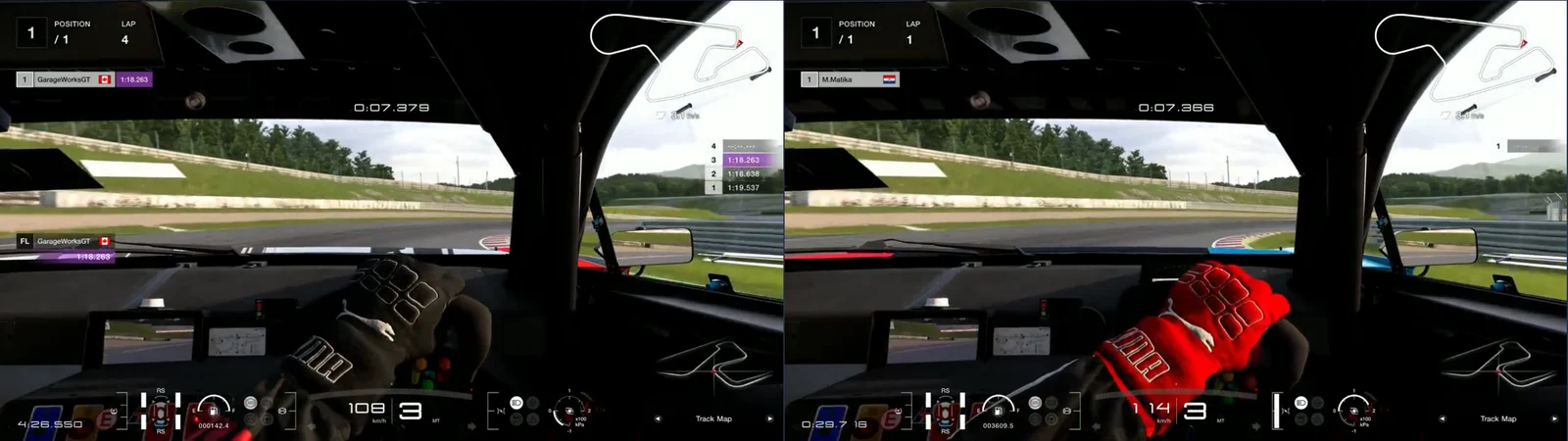GT7 replays side by side, cockpit camera, SUGO turn 1 at 360 m