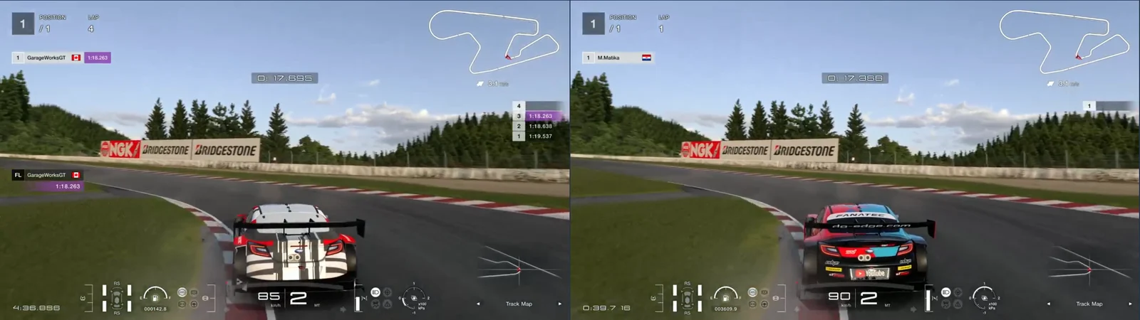 GT7 replays side by side, chase camera, SUGO turn 2 at 760 m