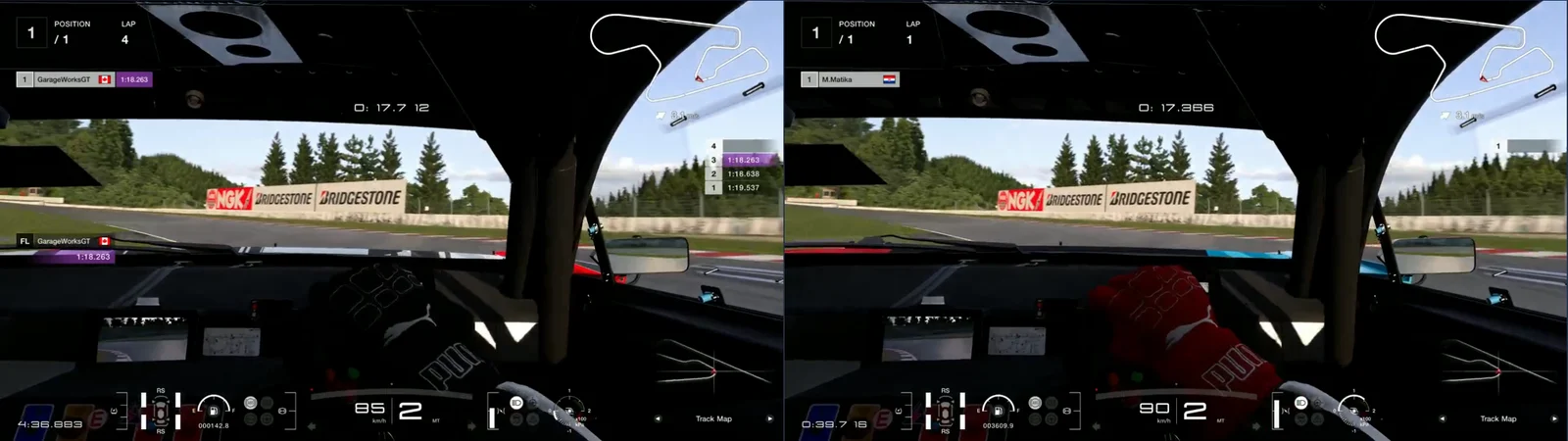 GT7 replays side by side, cockpit camera, SUGO turn 2 at 760 m