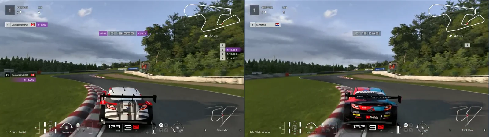 GT7 replays side by side, chase camera, SUGO turn 3 at 860 m