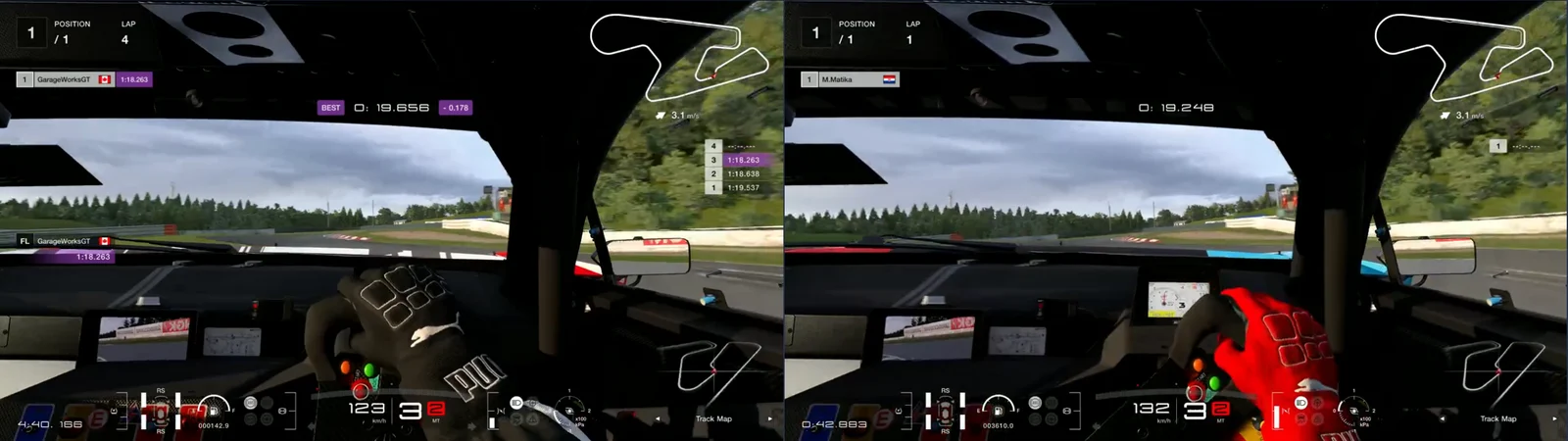 GT7 replays side by side, cockpit camera, SUGO turn 3 at 860 m