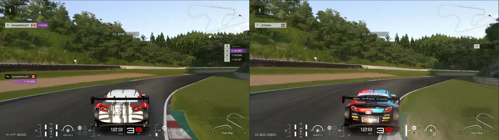 GT7 replays side by side, chase camera, SUGO turn 4 at 1,158 m
