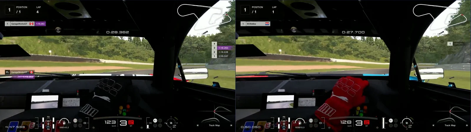 GT7 replays side by side, cockpit camera, SUGO turn 4 at 1,158 m