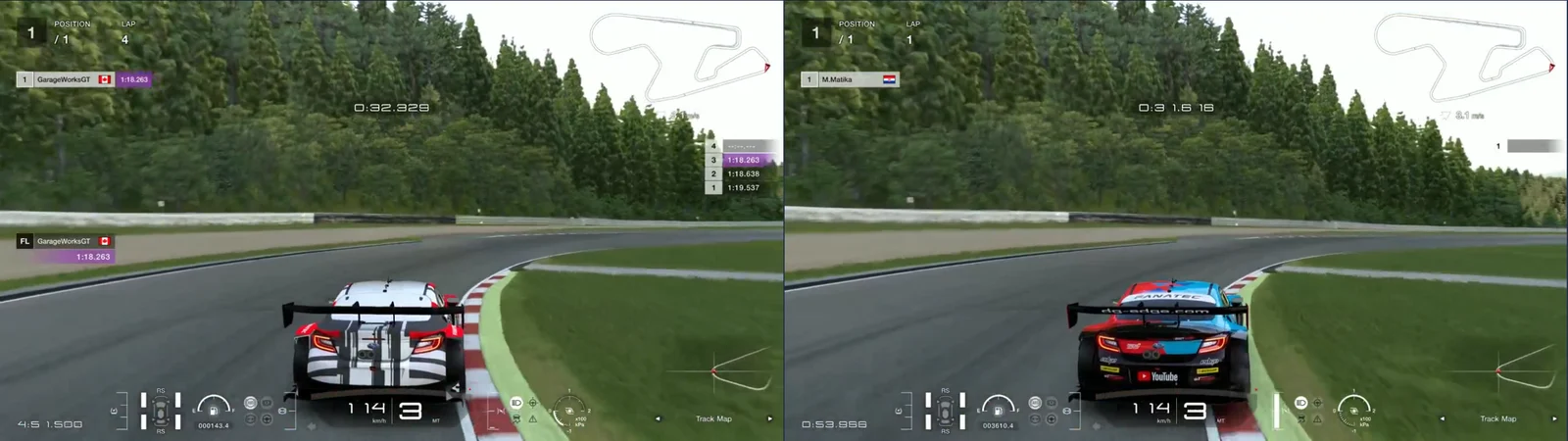 GT7 replays side by side, chase camera, SUGO turn 5 at 1,298 m