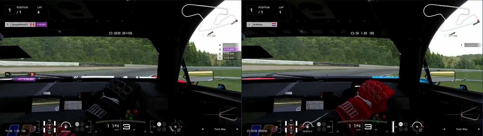 GT7 replays side by side, cockpit camera, SUGO turn 5 at 1,298 m