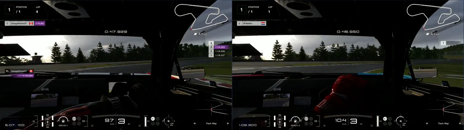 GT7 replays side by side, cockpit camera, SUGO turn 6 at 2,060 m