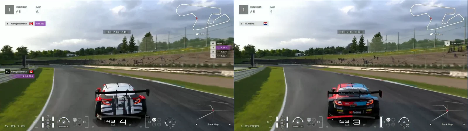 GT7 replays side by side, chase camera, SUGO turn 7 at 2,300 m: GarageWorksGT in fourth gear, the reference in third