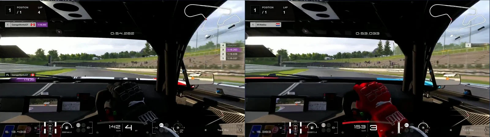 GT7 replays side by side, cockpit camera, SUGO turn 7 at 2,300 m