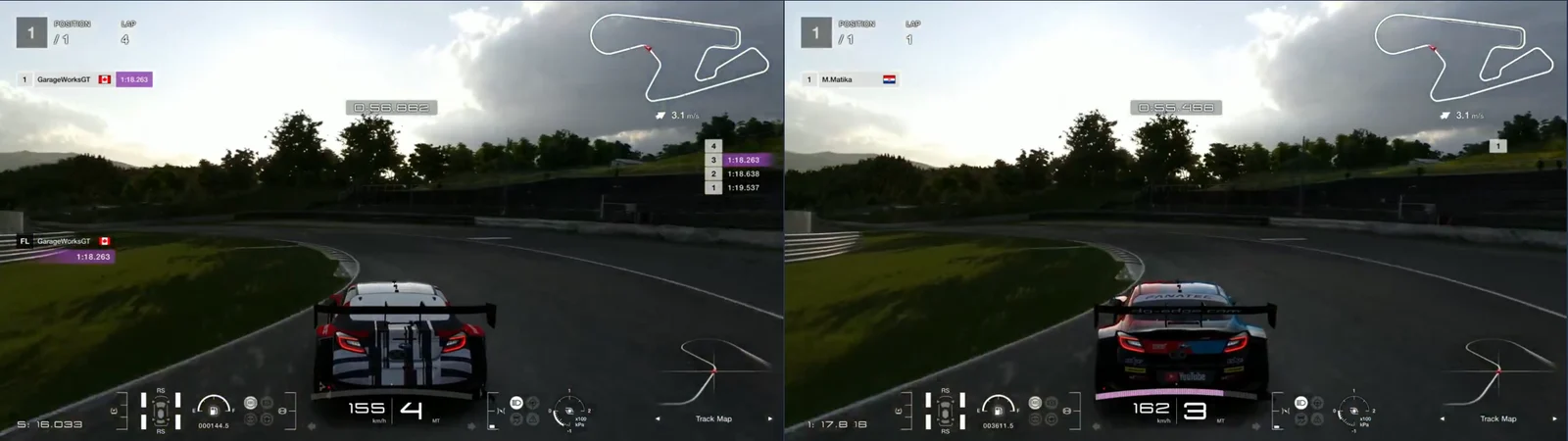 GT7 replays side by side, chase camera, SUGO turn 8, the kink at 2,410 m
