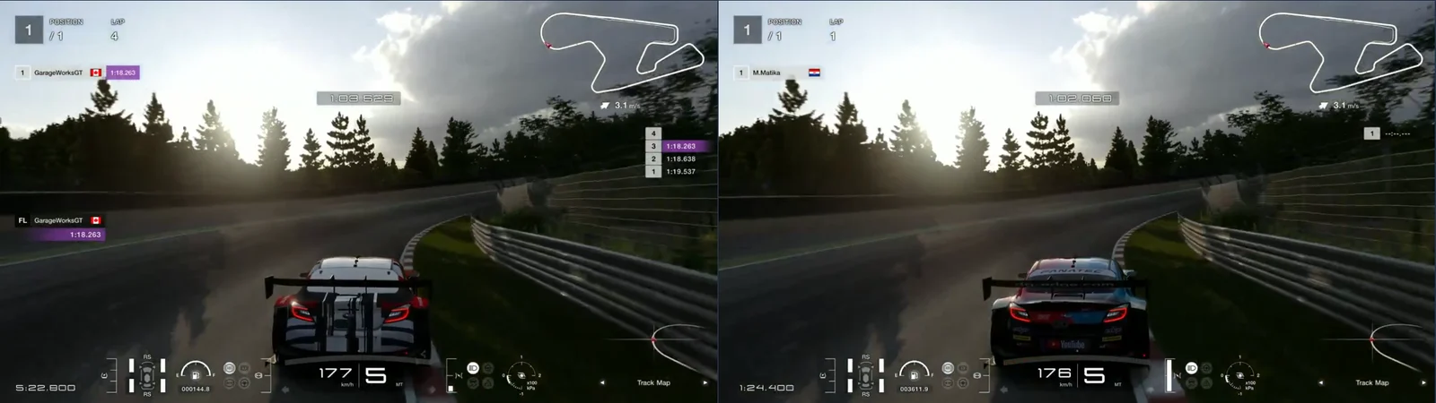 GT7 replays side by side, chase camera, SUGO turn 9 at 2,740 m