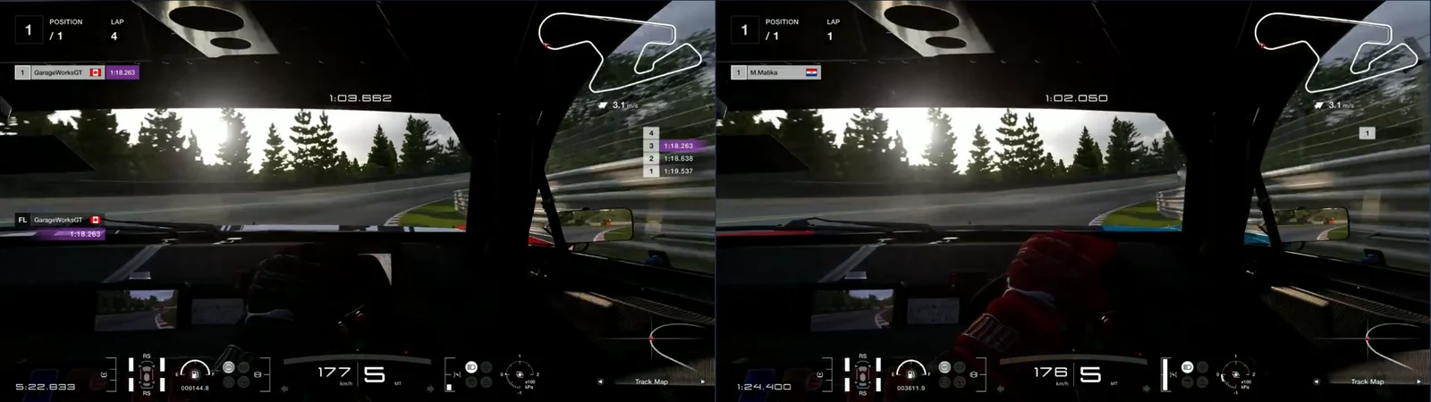 GT7 replays side by side, cockpit camera, SUGO turn 9 at 2,740 m