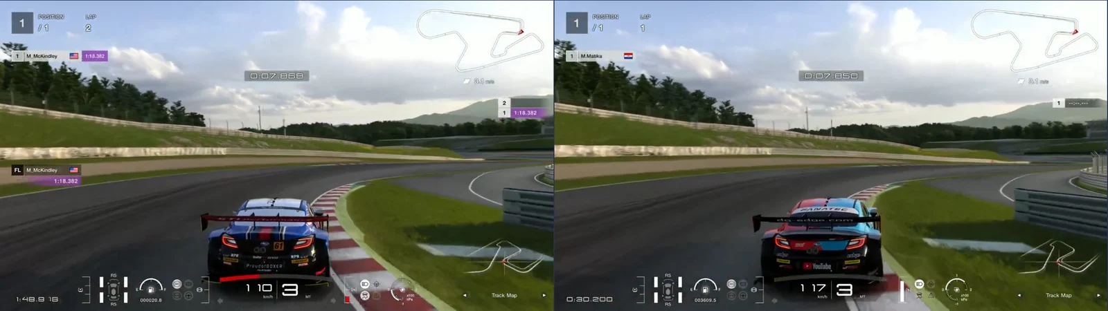 GT7 replays side by side at SUGO turn 1, 376 m