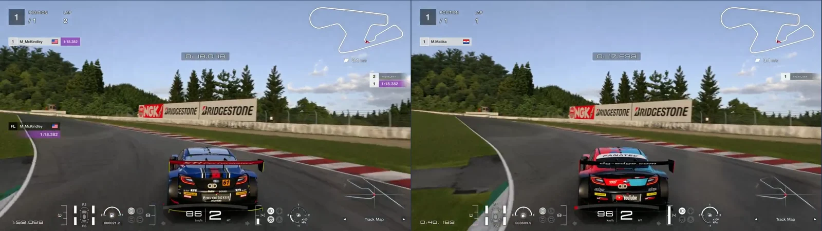 GT7 replays side by side at SUGO turn 2, 772 m: M_McKindley at 86 km/h out wide, the reference at 96 km/h
