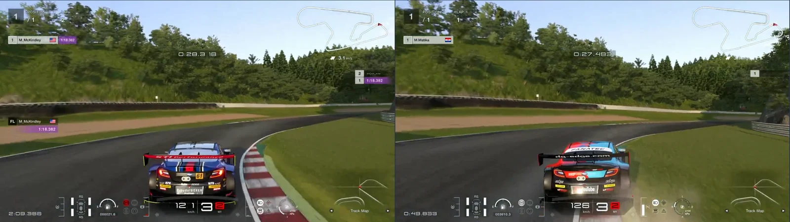 GT7 replays side by side at SUGO turn 4, 1,150 m: M_McKindley at 119 km/h on the outside kerb, the reference at 127 km/h