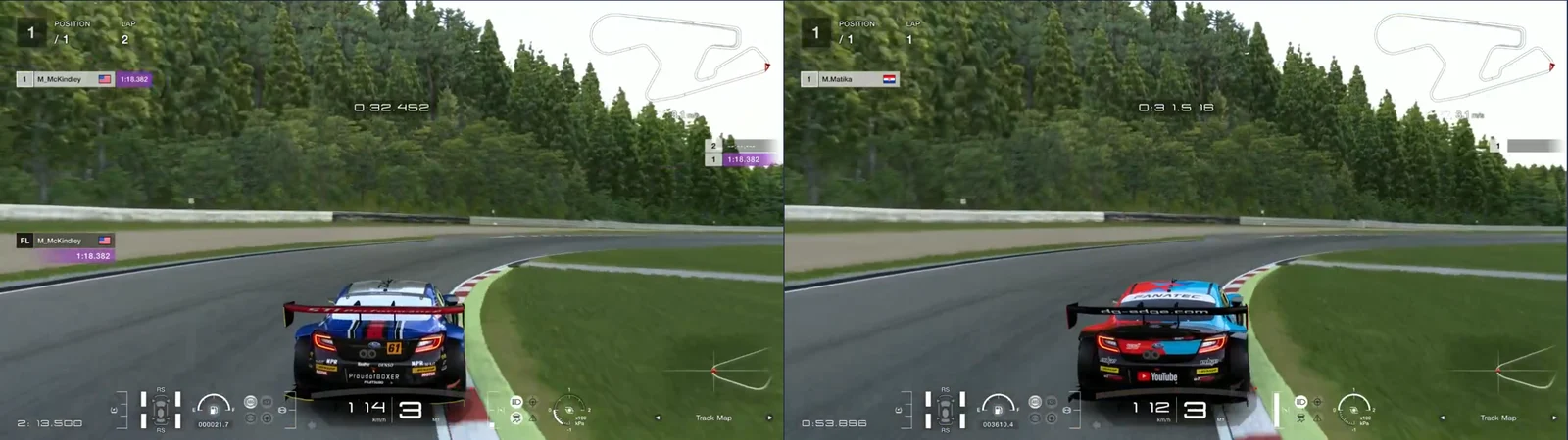 GT7 replays side by side at SUGO turn 5, 1,295 m