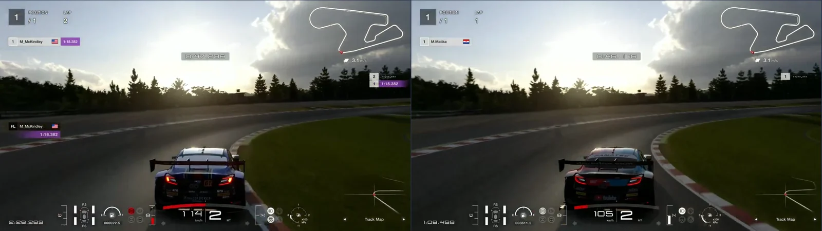 GT7 replays side by side at SUGO turn 6, 2,036 m: M_McKindley still braking, the reference already off the brake