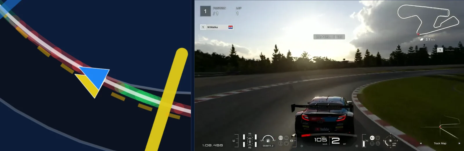 Traces Performance page at SUGO turn 6, the heavy braking zone: the map zoomed in on both lines