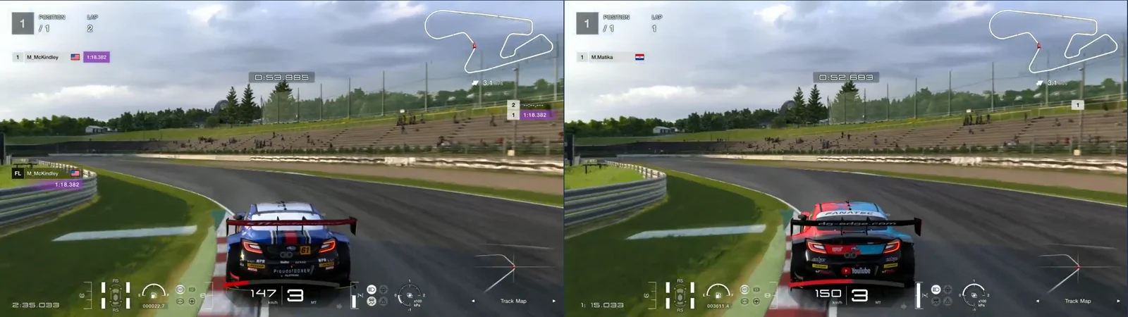 GT7 replays side by side at SUGO turn 7, 2,285 m