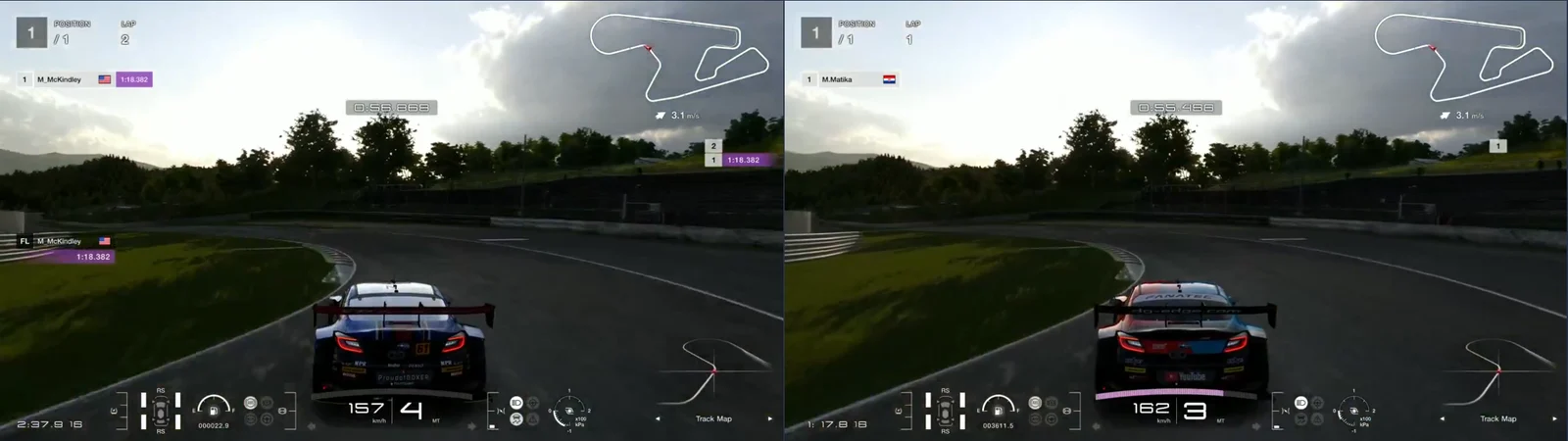 GT7 replays side by side at SUGO turn 8, the kink at 2,410 m