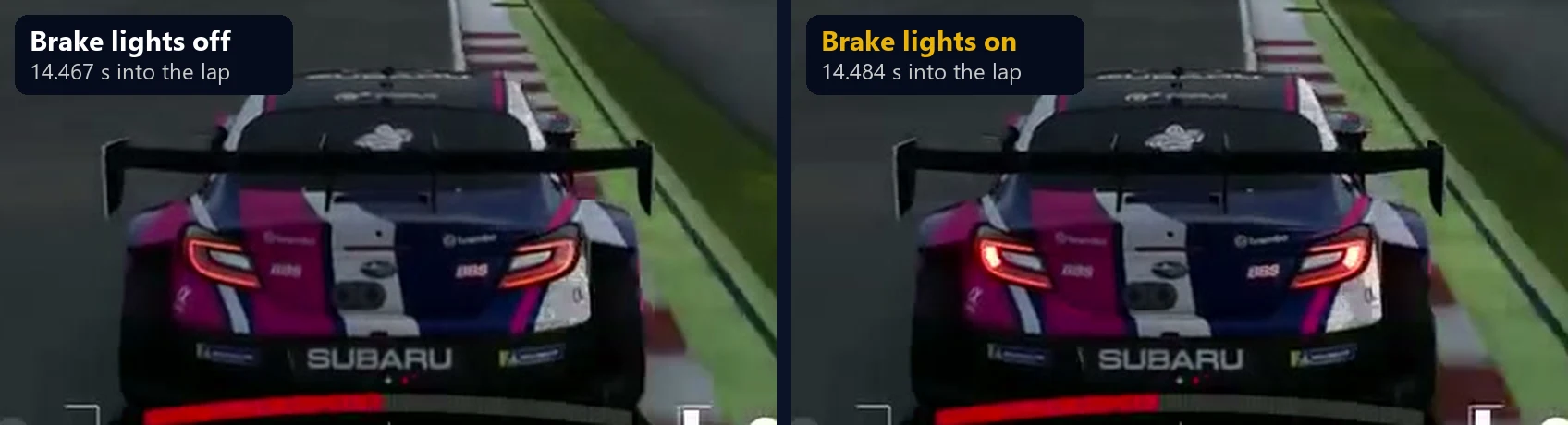 GT7 replay at SUGO, two frames 0.017 s apart: the reference BRZ GT300's brake lights come on at 14.484 s, before its replay data shows any brake