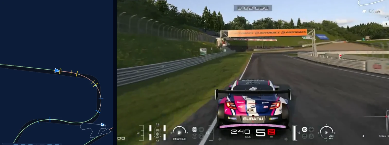 GT7 SUGO corner 1 in Traces: our braking point on the map beside the reference BRZ GT300 braking from 240 km/h