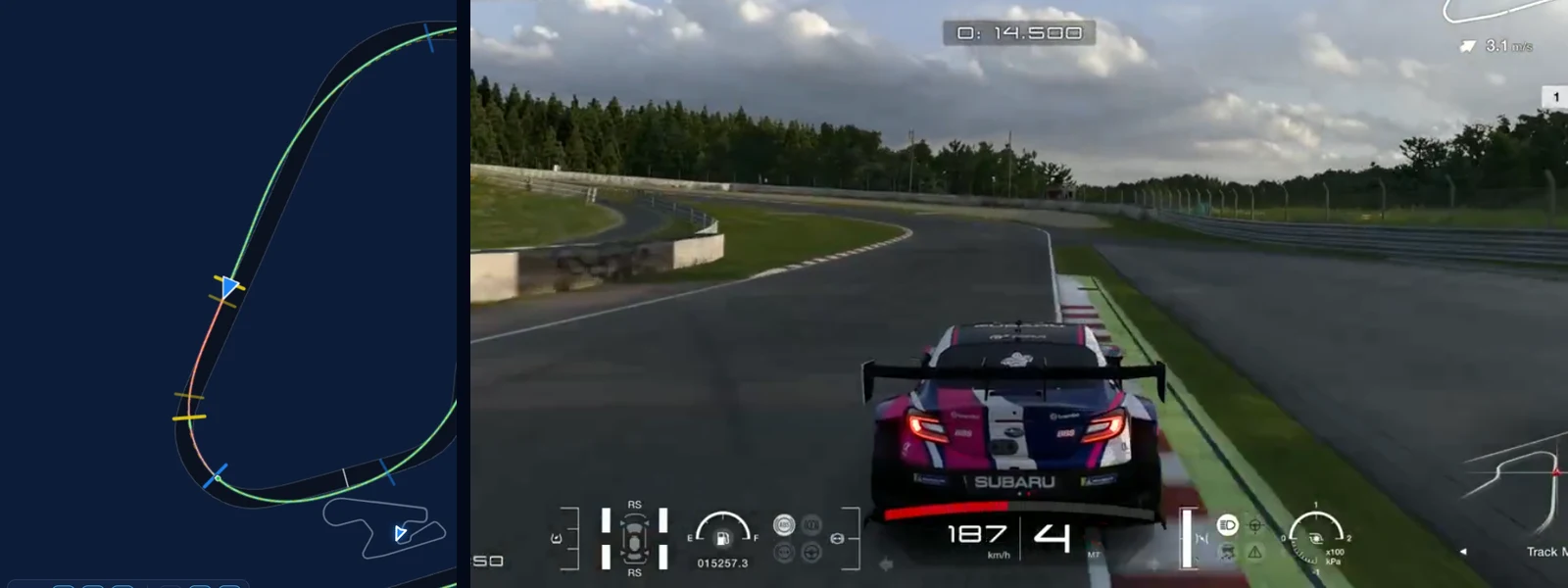GT7 SUGO corner 2 in Traces: the reference BRZ GT300 on the brakes at 187 km/h in fourth, both cars at the same braking point on the map