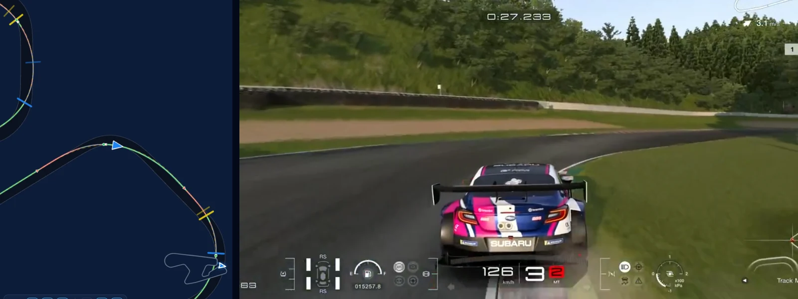 GT7 SUGO corner 4 in Traces: both lines together through the right-hander beside the reference BRZ GT300 at the apex