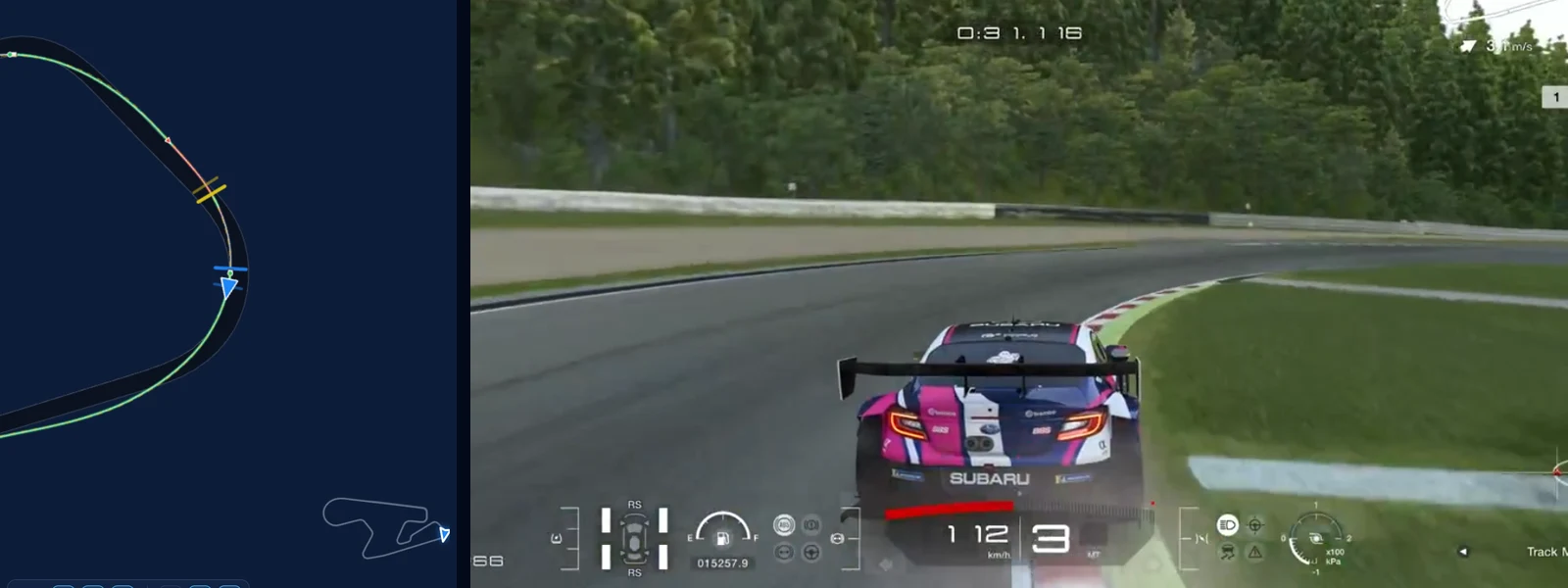 GT7 SUGO corner 5 in Traces: the right-hander at 1,290 m, our line on the reference's beside its replay