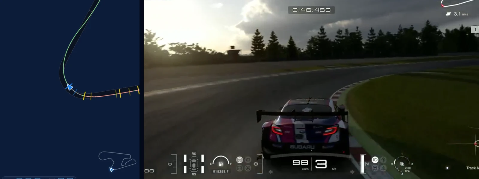 GT7 SUGO corner 6 in Traces: the heavy braking zone from 235 km/h, our line beside the reference BRZ GT300 at the apex