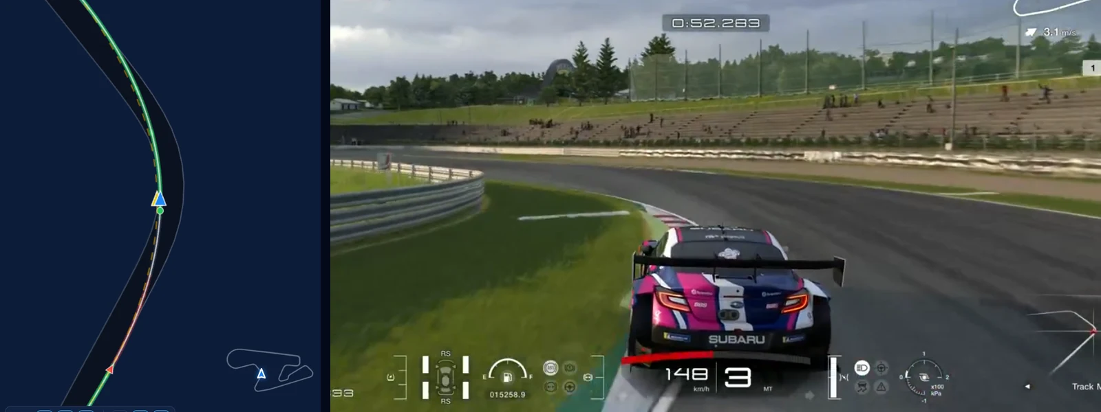 GT7 SUGO corner 7 in Traces: our line a metre wide of the reference's through the left-hander, beside the reference BRZ GT300 at 148 km/h
