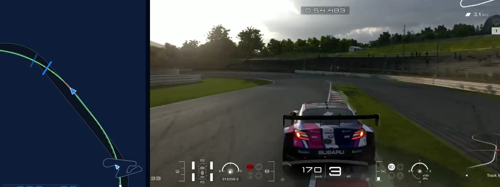 GT7 SUGO corner 8 in Traces: the left kink at 2,370 m, our second brake on the map beside the reference BRZ GT300 on a lift