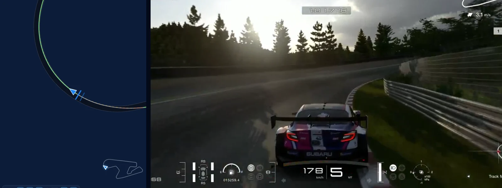 GT7 SUGO final corners in Traces: our line on the reference's through the last right-hander beside the reference BRZ GT300