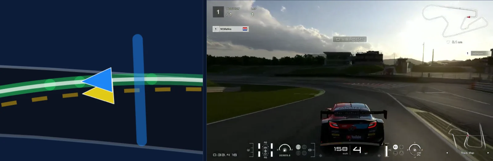 Traces Performance page at SUGO, the left curve after turn 1 at 500 m: the map zoomed in, Kiwi Antonelli's line to the right of the reference's