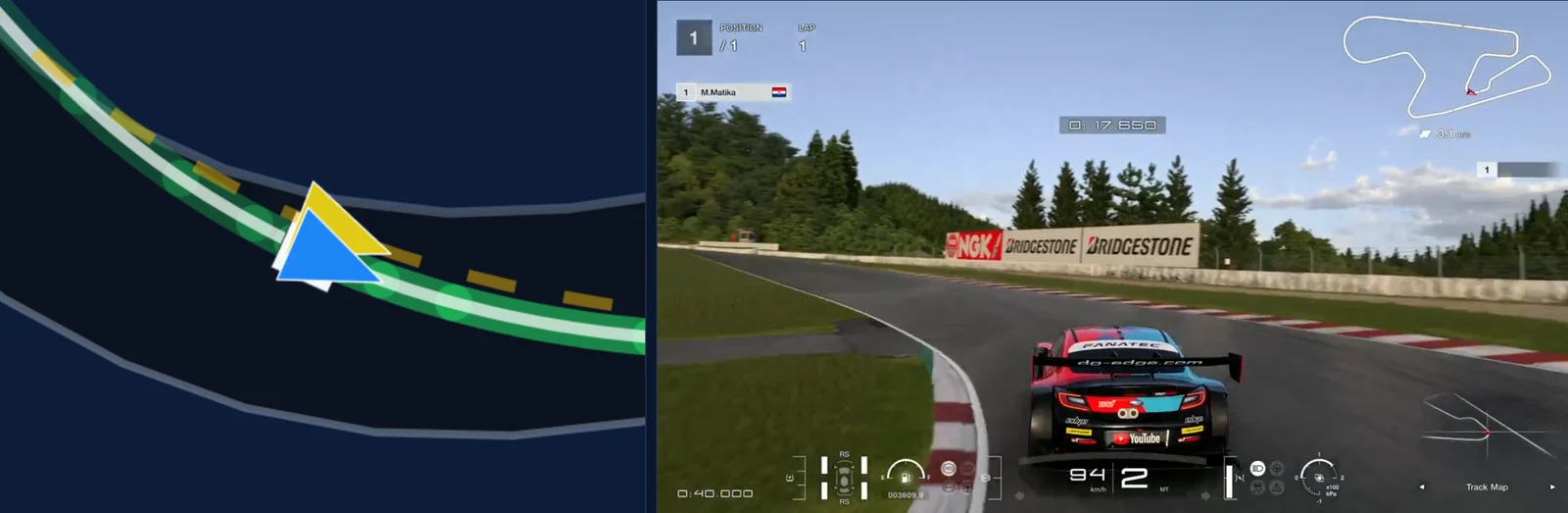 Traces Performance page at SUGO turn 2: the map zoomed in on the second-gear left, both lines together at the apex