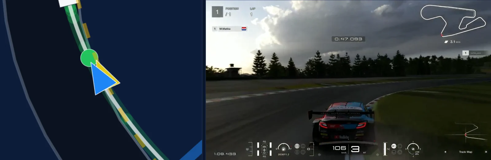 Traces Performance page at SUGO turn 6, the heavy braking zone: the map zoomed in on both lines past the apex
