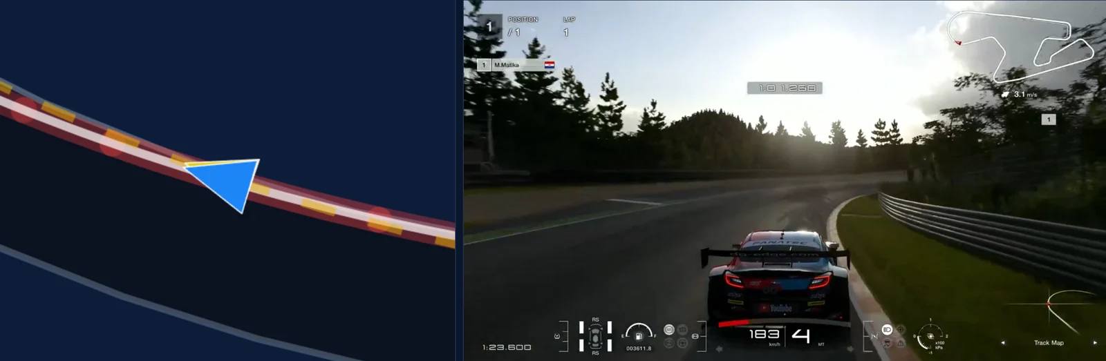 Traces Performance page at SUGO turn 9: the map zoomed in on both lines through the last fast right-hander
