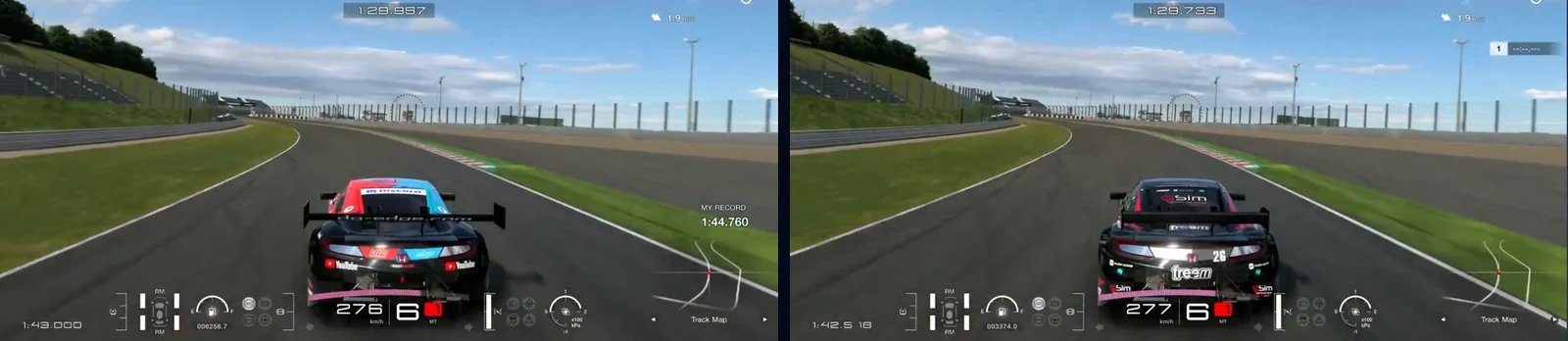 GT7 Suzuka, 130R, in Traces Compare: our Honda NSX CONCEPT-GT and the reference at the same metre, 130R flat out at 277 km/h