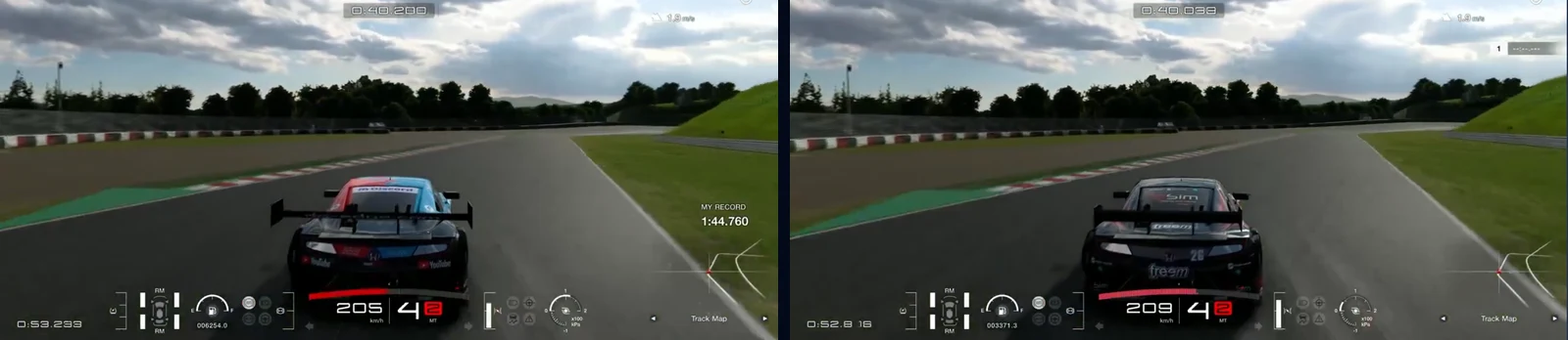 GT7 Suzuka, Degner 1 and 2, in Traces Compare: our Honda NSX CONCEPT-GT and the reference at the same metre, Degner 1 in fourth gear at 209 km/h