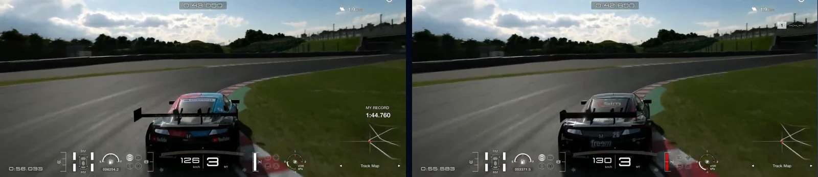 GT7 Suzuka Degner 2 in Traces Compare: our NSX and the reference at the apex, 126 against 130 km/h