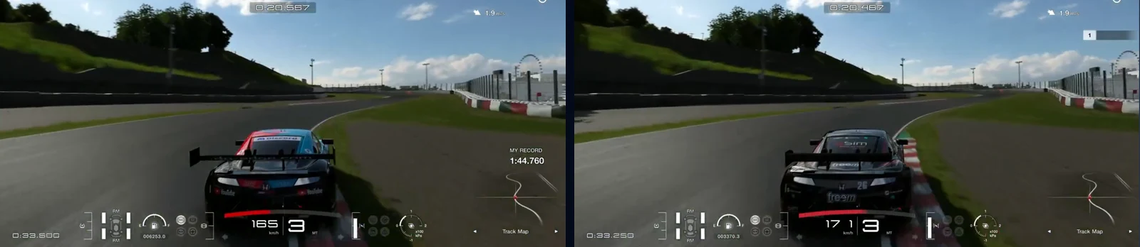 GT7 Suzuka, the first half of the Esses, in Traces Compare: our Honda NSX CONCEPT-GT and the reference at the same metre, the first right-hander of the Esses, the reference at 171 km/h