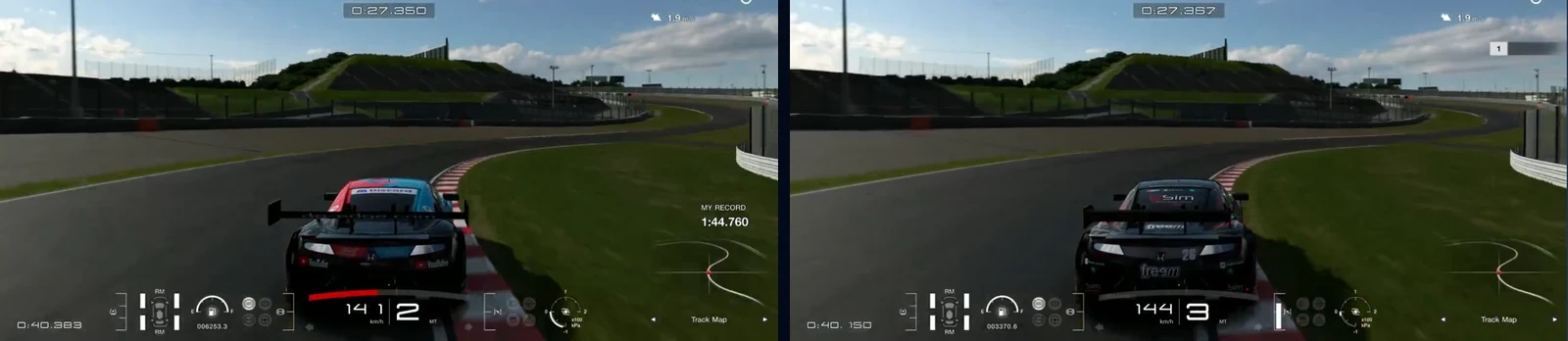 GT7 Suzuka, the second half of the Esses, in Traces Compare: our Honda NSX CONCEPT-GT and the reference at the same metre, the last right-hander of the Esses at 144 km/h