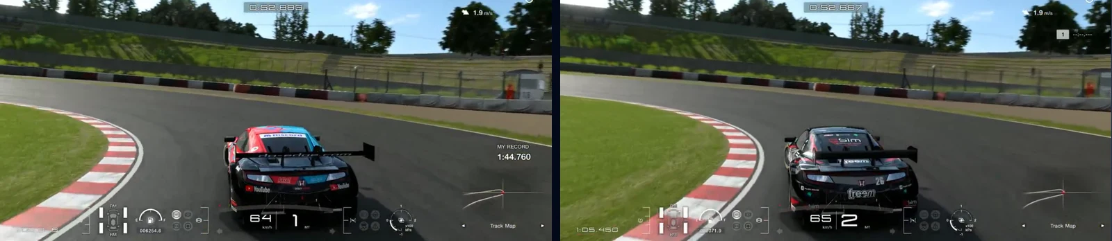 GT7 Suzuka, the Hairpin, in Traces Compare: our Honda NSX CONCEPT-GT and the reference at the same metre, the Hairpin at 64 km/h